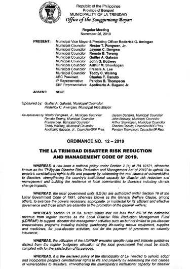 Ordinance No. 12 – 2019; La Trinidad Disaster Risk Reduction Management Code of 2019 Ordinance No. 12 – 2019; La Trinidad Disaster Risk Reduction Management Code of 2019