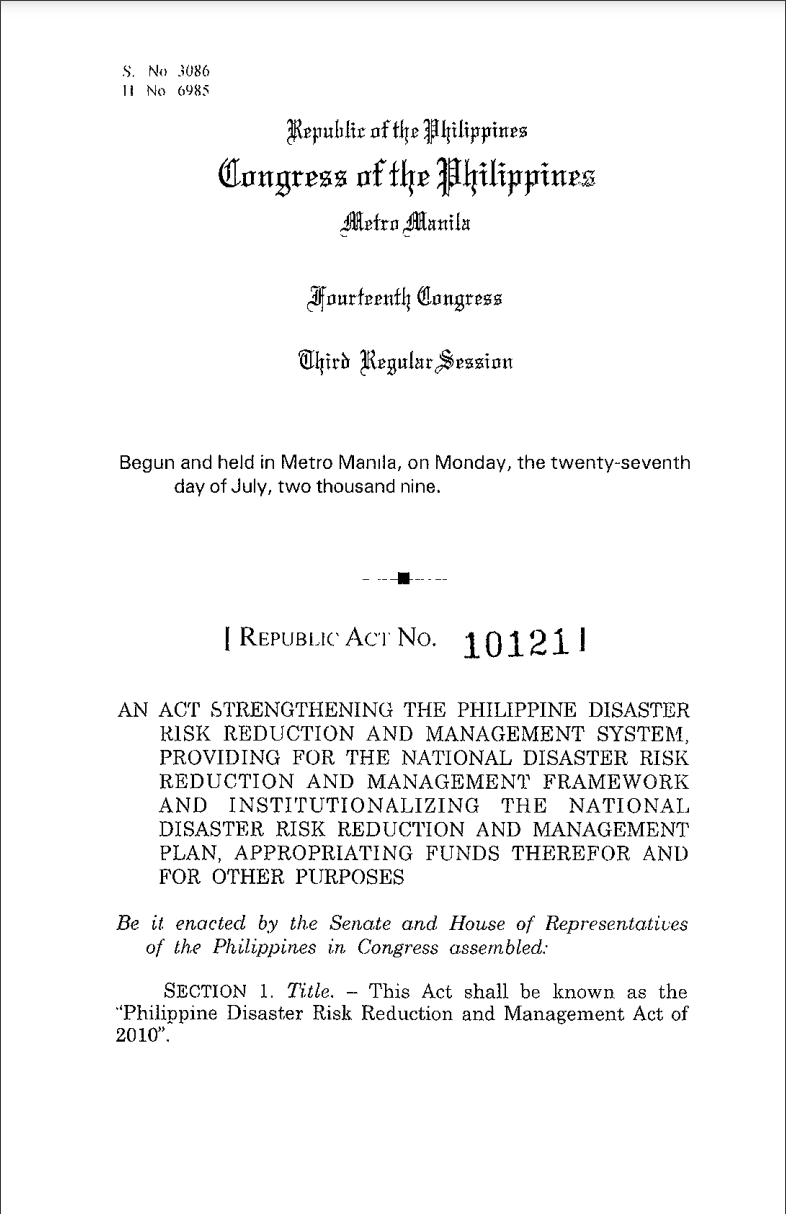 PDRRM Act Republic Act 10121, Philippine Disaster Risk Reduction and Management Act of 2010